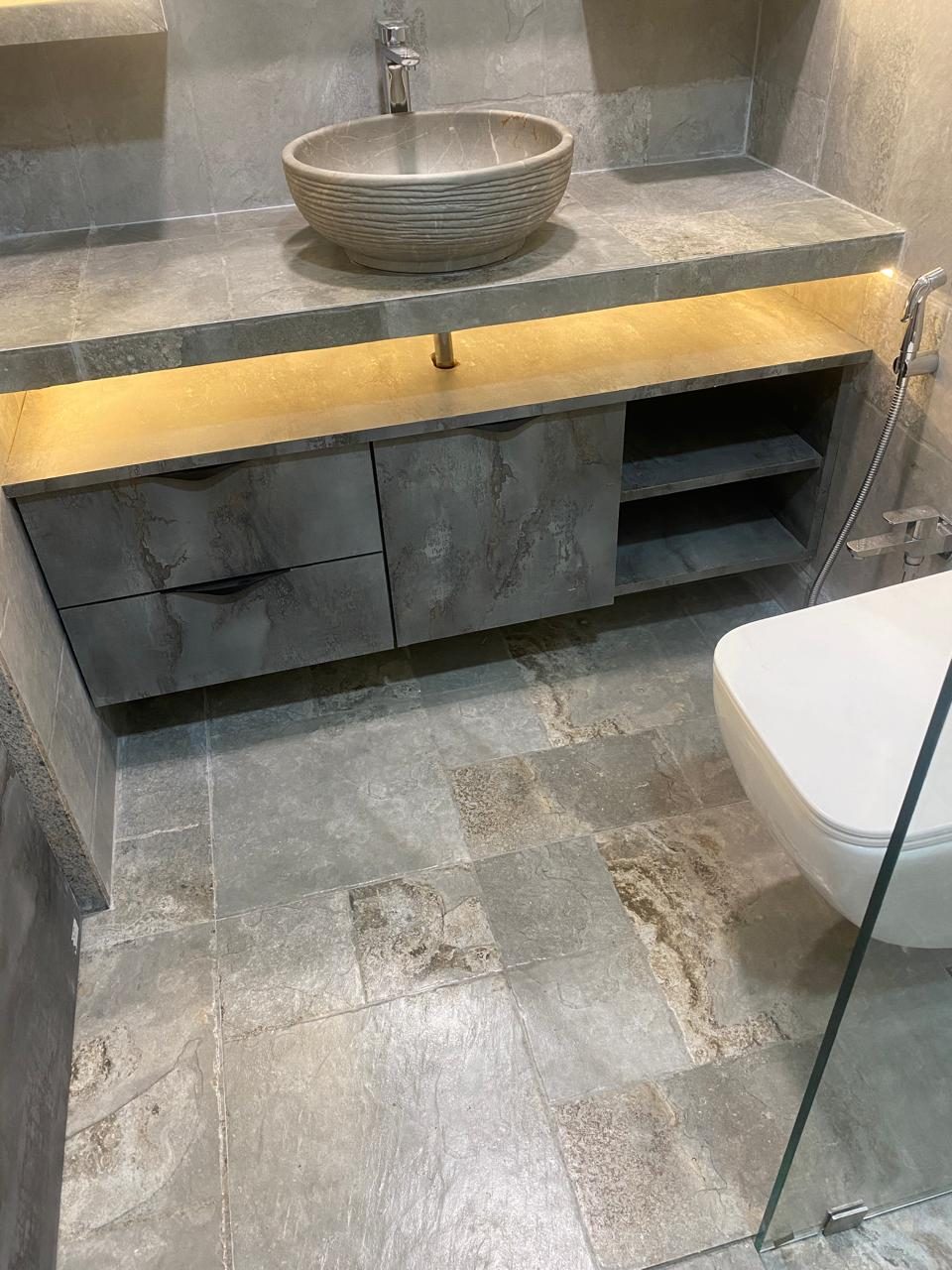 Custom wooden partition with geometric shelving